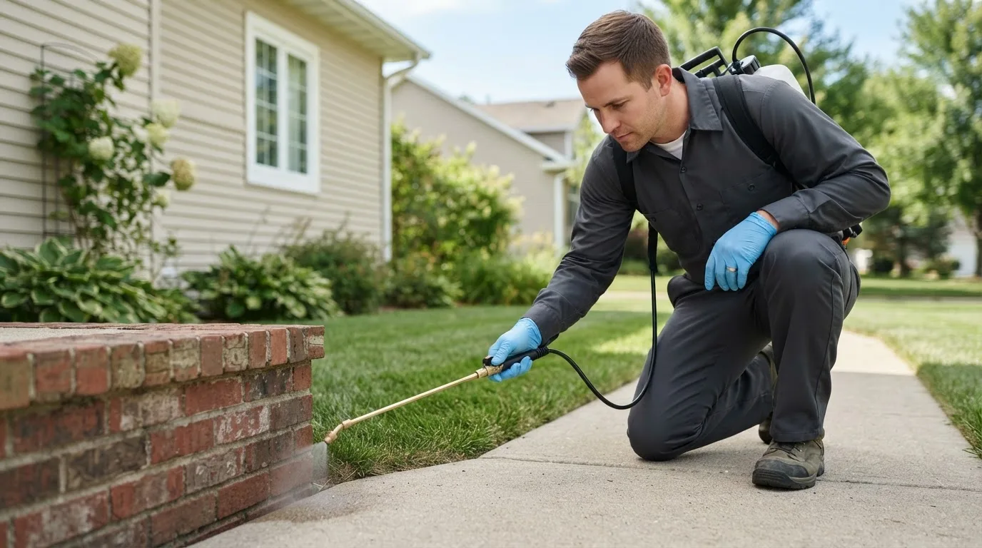 Pest control technician treating a home near Mena, AR